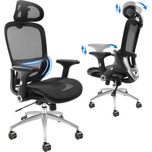 ergonomische bureaustoel, bureaustoel met verstelbare hoofdsteun 80 mm, met armleuningen lendensteun, draaistoel schommelfunctie, directiestoel van gaas, rugvriendelijk, bureaustoel 130 kg