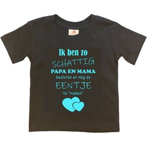 Shirt Aankondiging zwangerschap Ik ben zo schattig papa en mama besloten er nog zo eentje te ""maken"" | korte mouw | zwart/aquablauw | maat 122/128 zwangerschap aankondiging bekendmaking