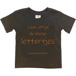 Shirt Aankondiging zwangerschap ""Lees altijd de kleine lettertjes (ik word grote broer)"" | korte mouw | Zwart/tan | maat 134/140 zwangerschap aankondiging bekendmaking Baby big bro brother