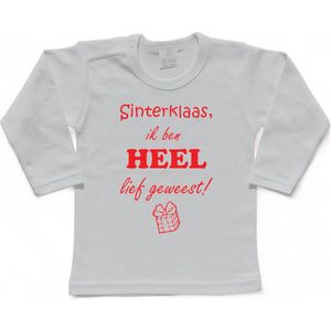 Sinterklaas | T-shirt Lange Mouw | Sinterklaas, ik ben heel lief geweest! | Grappig | Cadeau | Kado | Wit/rood | Maat 98