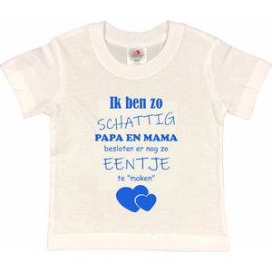 Shirt Aankondiging zwangerschap Ik ben zo schattig papa en mama besloten er nog zo eentje te ""maken"" | korte mouw | wit/blauw | maat 86/92 zwangerschap aankondiging bekendmaking