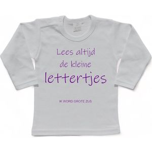 Shirt Aankondiging zwangerschap ""Lees altijd de kleine lettertjes (ik word grote zus)"" | lange mouw | Wit/paars | maat 98 zwangerschap aankondiging bekendmaking Baby big bro Sis Sister