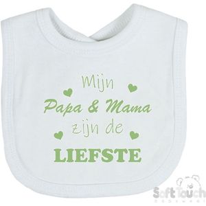 Soft Touch Slabber Slabbetje Slab ""Mijn Papa & Mama zijn de liefste"" Unisex Katoen Wit/sage green (saliegroen) Maat 33x22 Cm