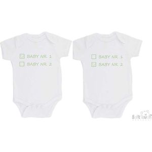 Soft Touch Rompers 2-pack ""Baby nr. 1 & Baby nr. 2"" Unisex Tweeling Katoen Wit/sage green (saliegroen) Maat 62/68