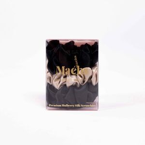 Maéhs | 100% zijde scrunchies - haarelastiek - set 3 x Large - Kleur zwart champagne - cadeautip