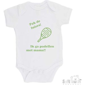 100% katoenen Romper ""Pak de luiers! Ik ga padellen met mama!!"" Padel Unisex Katoen Wit/sage green (saliegroen) 56/62