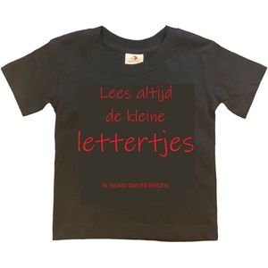 Shirt Aankondiging zwangerschap ""Lees altijd de kleine lettertjes (ik word grote broer)"" | korte mouw | Zwart/rood | maat 110/116 zwangerschap aankondiging bekendmaking Baby big bro brother