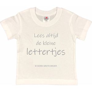 Shirt Aankondiging zwangerschap ""Lees altijd de kleine lettertjes (ik word grote broer)"" | korte mouw | Wit/grijs | maat 134/140 zwangerschap aankondiging bekendmaking Baby big bro brother