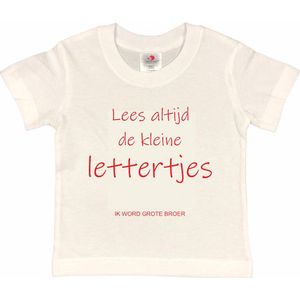 Shirt Aankondiging zwangerschap ""Lees altijd de kleine lettertjes (ik word grote broer)"" | korte mouw | Wit/rood | maat 86/92 zwangerschap aankondiging bekendmaking Baby big bro brother