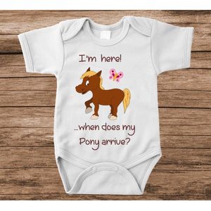 Soft Touch Rompertje met tekst - when does my first pony arrive | Baby rompertje met leuke tekst | | kraamcadeau | 0 tot 3 maanden | GRATIS verzending