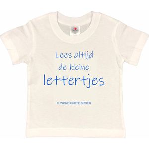 Shirt Aankondiging zwangerschap ""Lees altijd de kleine lettertjes (ik word grote broer)"" | korte mouw | Wit/blauw | maat 122/128 zwangerschap aankondiging bekendmaking Baby big bro brother