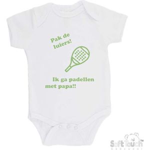 100% katoenen Romper ""Pak de luiers! Ik ga padellen met papa!!"" Padel Unisex Katoen Wit/sage green (saliegroen) 68/74