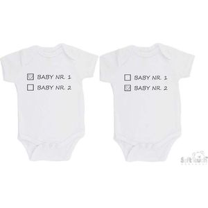 100% katoenen Rompers 2-pack ""Baby nr. 1 & Baby nr. 2"" Unisex Tweeling Katoen Wit/zwart Maat 62/68