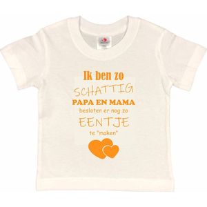 Shirt Aankondiging zwangerschap Ik ben zo schattig papa en mama besloten er nog zo eentje te ""maken"" | korte mouw | wit/mosterd | maat 122/128 zwangerschap aankondiging bekendmaking