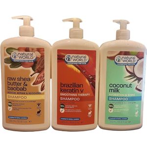 AliRose - Natural World - 6 - 12 Maanden Voorraad - Shampoo Bundel - 3x 1L - 3 Liter - 95% Natuurlijke Ingrediënten - Vegan Keratine - Shea boter -Kokos Melk