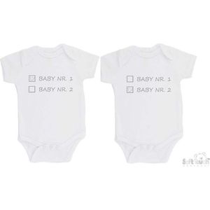 100% katoenen Rompers 2-pack ""Baby nr. 1 & Baby nr. 2"" Unisex Tweeling Katoen Wit/grijs Maat 56/62