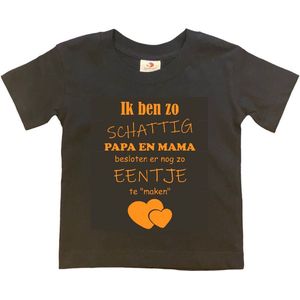 Shirt Aankondiging zwangerschap Ik ben zo schattig papa en mama besloten er nog zo eentje te ""maken"" | korte mouw | zwart/mosterd | maat 134/140 zwangerschap aankondiging bekendmaking