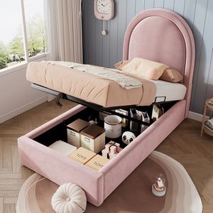 Tienerbed 140 x 200 cm, gestoffeerd bed met LED-verlichting en