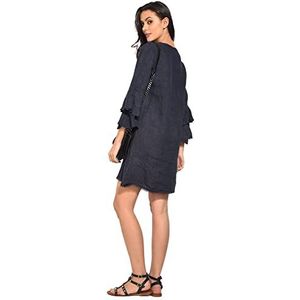 Bonateks Damesjurk van 100% linnen, gemaakt in Italië, A-lijn vloeiende jurk met halve mouwen en zakken, wit, maat: L, Wit, L