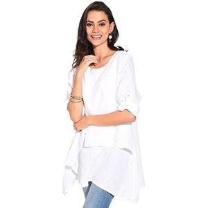 Damesjurk van 100% linnen gemaakt in Italië, korte gestreepte jurk met botenkraag en halve mouwen met strik, licht kaki, maat: L, Khaki Helder, L