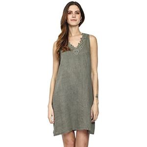 Bonateks Damesjurk van 100% linnen, gemaakt in Italië, mouwloze jurk met borduurwerk op V-hals, licht kaki, maat: L, Khaki Helder, L