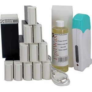 EpilWax Complete Ontharings-set - met 12 Roll-on Harspatronen met Azuleen, Roll-on Harsverwarmingsapparaat, 100 Strips en Waxolie