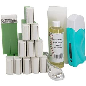 EpilWax Complete Ontharings-set - met 12 Roll-on Harspatronen met Aloë Vera, Roll-on Harsverwarmingsapparaat, 100 Strips en Waxolie