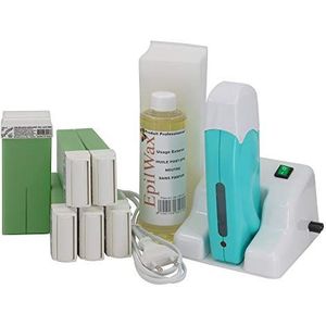 EpilWax Waxverwarmingsset voor ontharing, ontharing, met standaard, met 6 aloë vera-roll-on waxpatronen, waxing-apparaat, 100 vliesstrips en nabehandelingsolie
