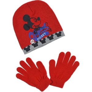 Mickey muts met bijpassende handschoenen - kinderen - rood (hoofdomtrek 54cm)