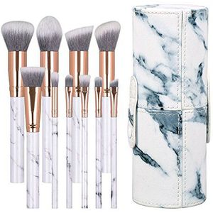 Makkelijk te gebruiken Professionele kwaliteit Cosmetic Beauty Tools 10 PCS Marble Pattern make-up kwasten plastic handvat synthetisch haar Vegan make-up borstel met PU Cilinder Tube Holder J1027-DC