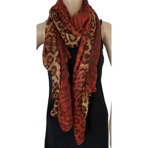 Dames lange sjaal met panterprint rood/camel