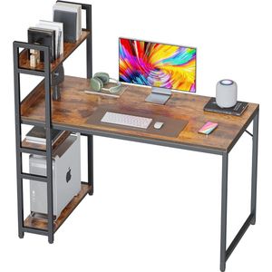Bureau, 100 x 60 cm - Grote Computertafel met Plank Rechts of Links - PC-Gamingtafel en Kantoortafel voor Kantoor en Woonkamer - Stabiel Stalen Frame - Bureau in Bruine Uitvoering