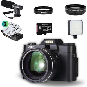 Vlog camera voor beginners - WIFI 4K 48MP 16X digitale camera - flipscreen - macro lens - wide lens - externe microfoon - externe ledlicht - 128gb geheugen kaart - 2 batterijen - vlog camera - vlog camera met schermpje