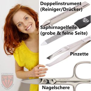 4-delige nagelverzorgingsset 'Modena' | manicure en pedicure set in echt leer etui MADE IN GERMANY. Kleur: Wit| Inhoud: nagelschaar, pincet, saffier nagelvijl en nagelreiniger