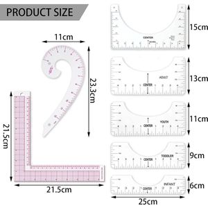 7 stuks naailiniaal, T-shirt linialen uitlijngereedschap, T-shirt centreergereedschap 5 maten, L vierkante liniaal, curve liniaal, perfect voor het naaien van kleding maken jurk patroon ontwerp doe-het-zelf kleding