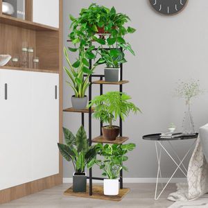 Houten metalen plantenstandaard, 5 etages, voor binnen en buiten, 94 cm hoek, bloemenrek, plantenrek voor meerdere planten, bloemenstandaard, plantentrap voor buiten, balkon, tuin, woonkamer