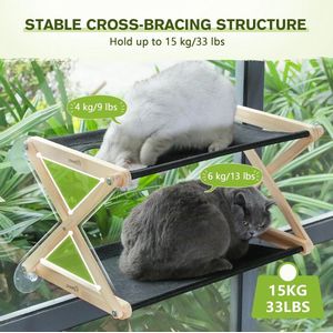 Grote kattenhangmat zonnige stoel met houten frame, dubbellaags kattenraam zitstok kat hangmat bed, kittengemonteerd bed stevig met 4 zuignappen en eenvoudig te monteren