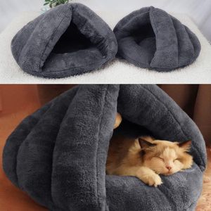 Kattenbed, machinewasbaar warme fleece slaapzak klein huisdier grot bed, puppy kitten huisdier indoor sluimerslaap zacht pluche kalmerend bed tent huis -donkergrijs