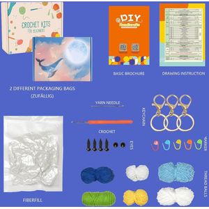 Complete haakset voor beginners, dieren, haken breien voor beginners set met haaknaalden, creatieve breiset, knutselset voor volwassenen en kinderen, cadeau (blauw blauwgroen)