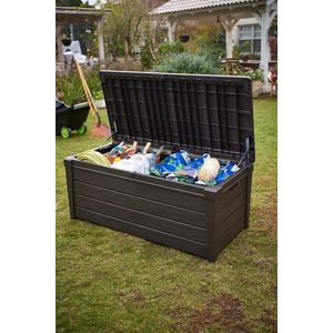Brightwood Kussenbox, 454 liter volume, waterdicht, taupe, houtlook, zitbank voor 2 volwassenen (max. 300 kg), 145 x 69,7 x 60,3 cm, multifunctionele kist