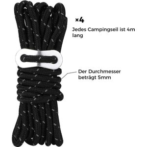 Tentsnoer met spanner, 4 stuks, campingtouw elk 4 m, reflecterende scheerlijnen, zwart, touwspanner, camping, tentsnoer, oplichtend, outdoor touw, diameter 5 mm, scheerlijn voor tent,