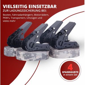 Spanbanden met ratel, set van 4, camouflage sjorbanden, belastbaar tot 900 kg volgens DIN EN 12195-2, lengte 6 m breedte 25 mm, hoogwaardige eendelige ratelriemen, groen