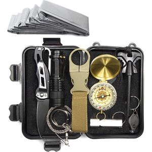 Noodpakket / Survival Kit met 23 verschillende noodgeval-multitools voor noodsituaties, Biedt eerste hulpvoorzieningen voor kamperen, wandelen, jagen, overleven, oorlog en meer. Perfecte kit om optimaal voorbereid te zijn.