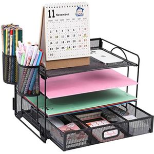 Bureau Organizer Brievenbak - Bureau Organizer Pennenbak - Bureau Organizer Desk Organizeer - 4 lagen - Zwart