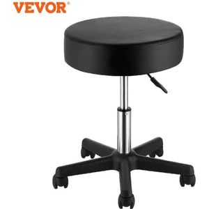 - Rollende Kruk met Wielen - 181 kg Draagvermogen - In Hoogte Verstelbare Kruk - Ultradik Zitkussen - Draaibare Kruk Voor Salon, Bar, Thuis, Kantoor, Medisch, Massage - Zwart