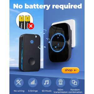 『Geen batterij nodig』Draadloze deurbel met 1 ontvangen - Zonder batterijen- Draadloos -Deurbelset - Waterdicht IP44- Zwart- 60 melodieen