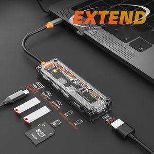 Transparante 6 in 1 USB-C HUB- Oranje - Cardreaders - Kaartlezer - Multifunctionele Kaartlezer - TF - Micro SD naar Type C - Docking Station - USB Splitter - 4K HDMI - USB A - USB C - PD100W - Micro SD - Geschikt voor Laptop, Macbook, Windows