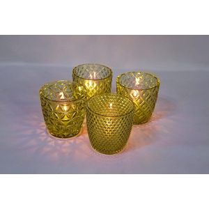 Theelichtglazen, set inclusief theelichtjes, kleine chique theelichtkaarsenhouders met versieringen, windlichten van glas - geschenkdecoratie voor bruiloft, verjaardag en Kerstmis (groen set van 4)