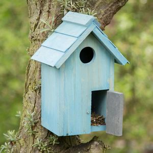 vogelhuisje, hout, deurtje, kleine invliegopening, nestkast tuinvogels, HBD: 24,3 x 17 x 12 cm, lichtblauw