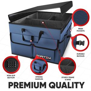 Auto Organizer, Auto Kofferbak Organizer, Achterbak Organizer, Opvouwbare Organizer Auto met Compartimenten, Antislip Bodem, Verstelbare Bevestigingsriempjes, Opvouwbaar Deksel (Blauw, Standard)